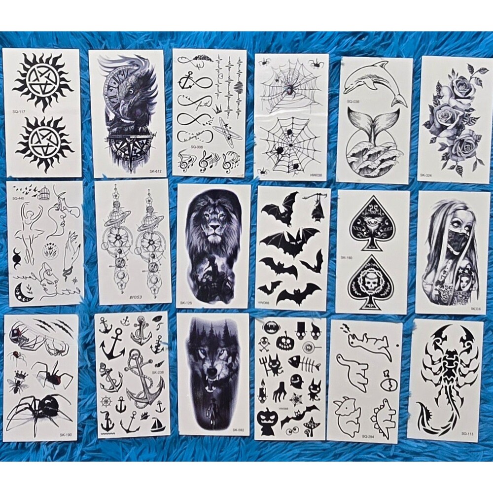 18ct Temporary Black Tattoo Sheets Assorted Lot 4"x2.5" Rectangle Mixed Designs